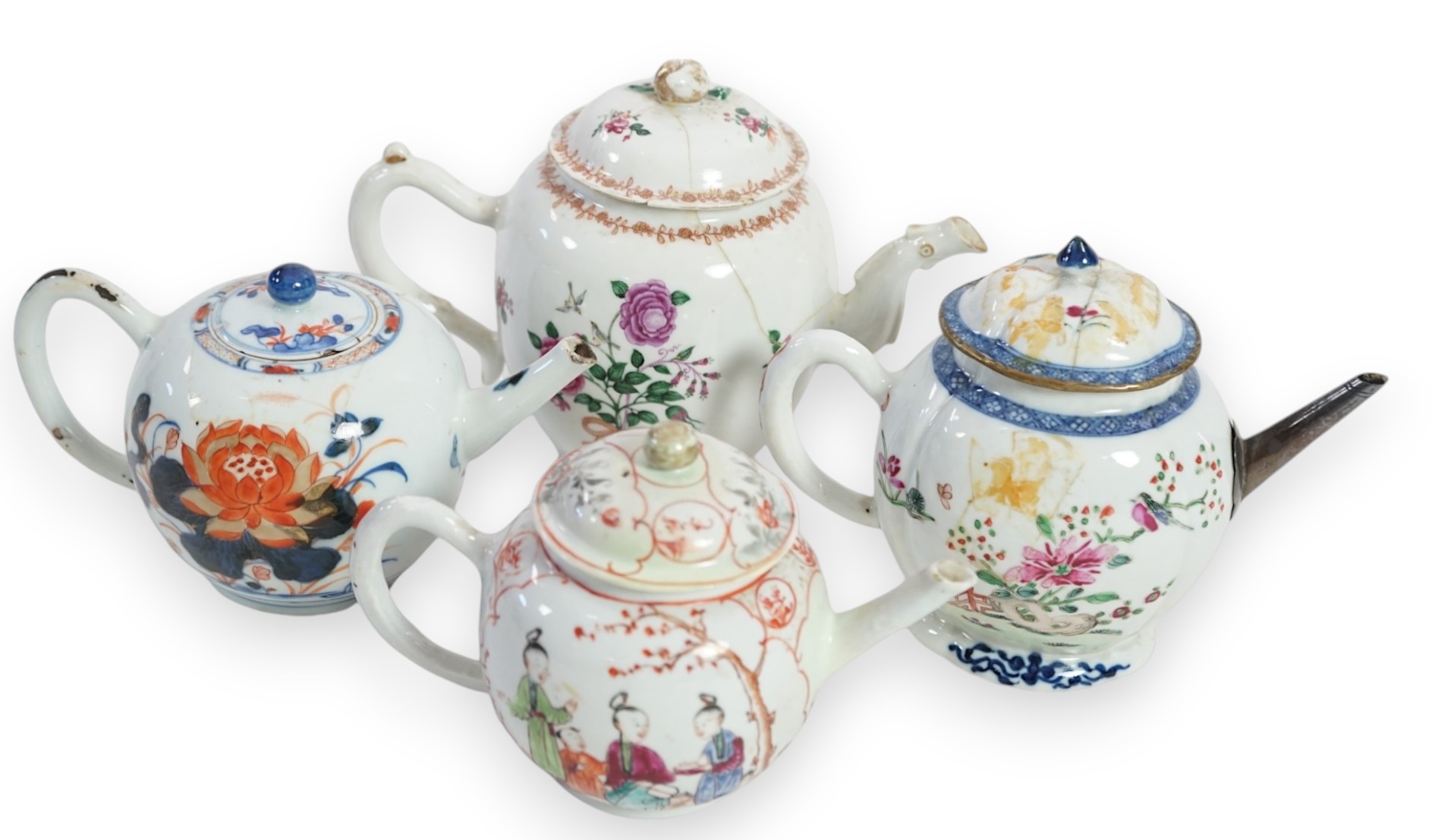 Four 18th century Chinese export polychrome decorated teapots and covers